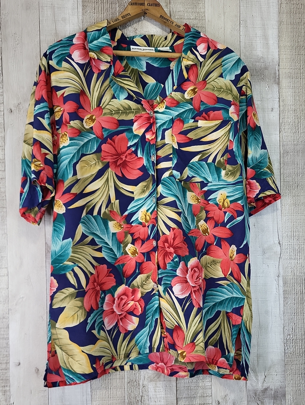 Alfred Dunner Silk Tropical Button-Up Shirt - Navy with Red Floral. Size 14